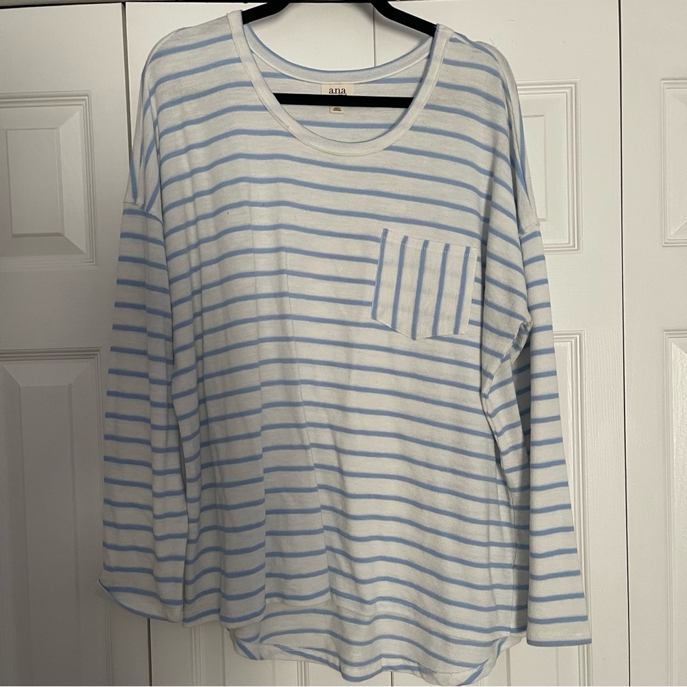 Ana Blue and White Striped Long Sleeve Top